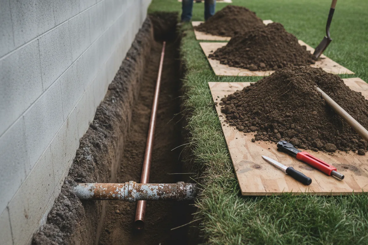 Excavated water line trench during Water Heater Repair in Plain City
